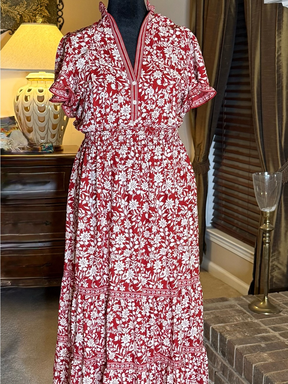 Max Studio Red Floral Smocked Waist Tiered Midi Dress L